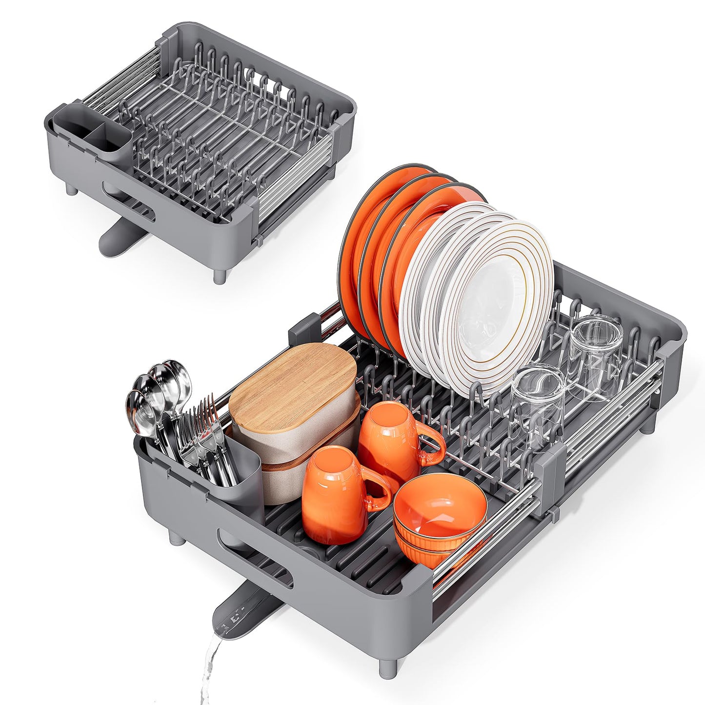 Urackify Stainless Steel Dish Drying Rack - Dish Drainer for Kitchen Counter, Extendable Drainboard with Foldable, Space-Saving Cup & Bowl Organizer, Includes Knife and Utensil Holder, Gray