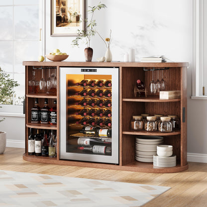 Jocoevol 53" Fluted Coffee Bar Cabinet with Sliding Doors, Wine Bar Cabinet with Charging Station & Glass Holder, Modern Liquor Whiskey Buffet Sideboard for Dining Room, Living Room, Kitchen (Walnut)