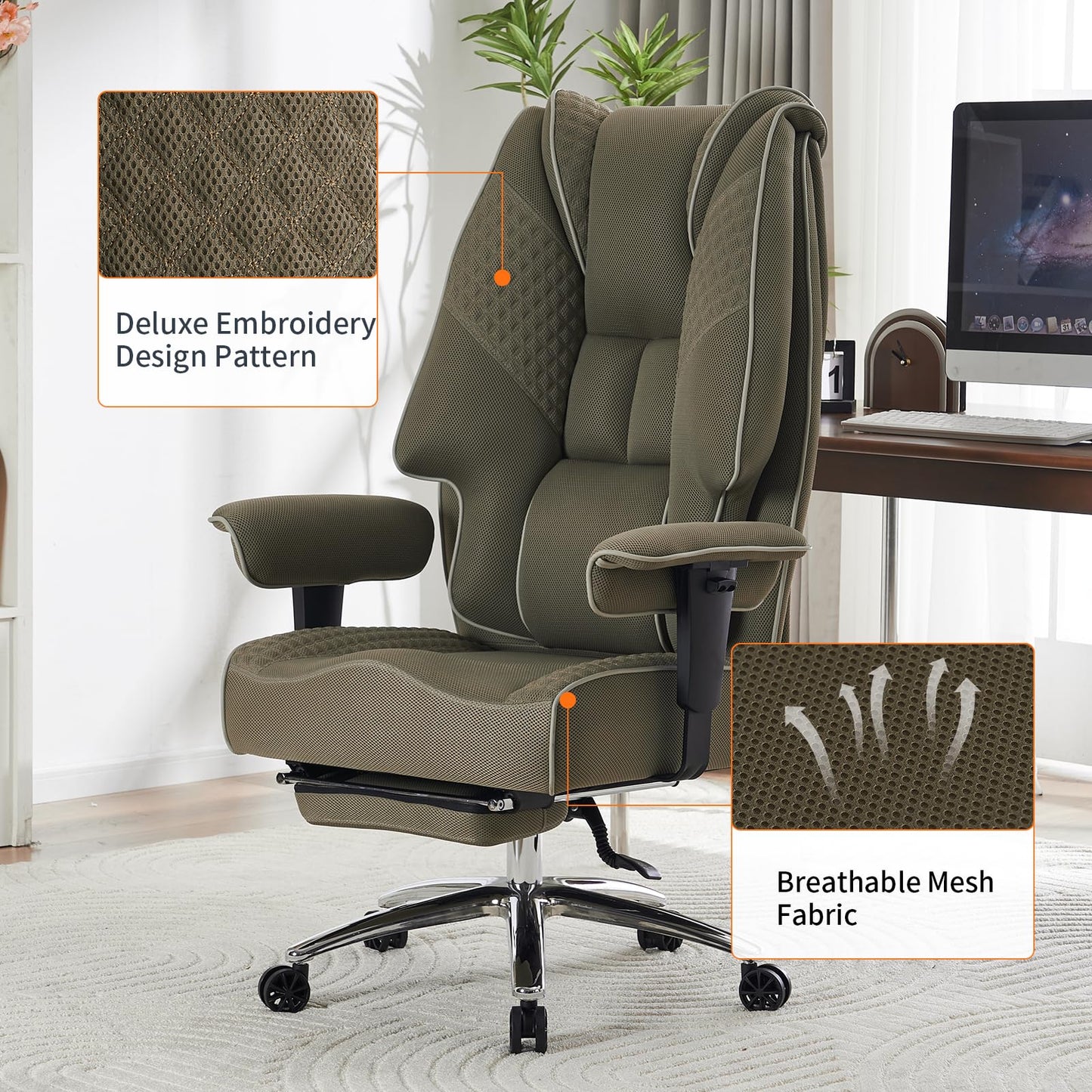 EXCEBET Big and Tall Office Chair 400lbs Wide Seat, Mesh High Back Executive Office Chair with Foot Rest, Ergonomic Chairs Lumbar Support for Lower Back Pain Relief (Mesh Light Green)