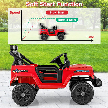 Costzon 12V Kids Ride on Truck Car, Electric Vehicle w/Remote Control, Threaded Wheels, 3 Speeds, LED Lights, Music, Horn & Wireless Connection, Battery Powered Ride on Toy for Boys & Girls 3+ (Red)