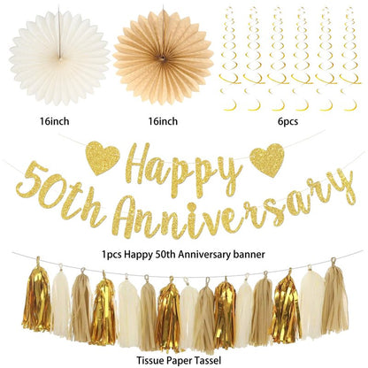 Roetyce 50th Anniversary Decorations, Gold Glitter Happy 50th Anniversary Banner Photo Background for Women Men, Cheers to 50 Years Backdrop Pompoms Paper Fans Party Supplies Dad Mom