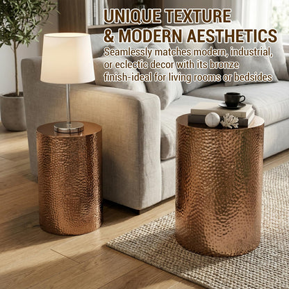 MyGift Set of 2 Modern Hammered Metal Bronze Round End Tables, Home Accent Side Tables for Living Room or Bedroom