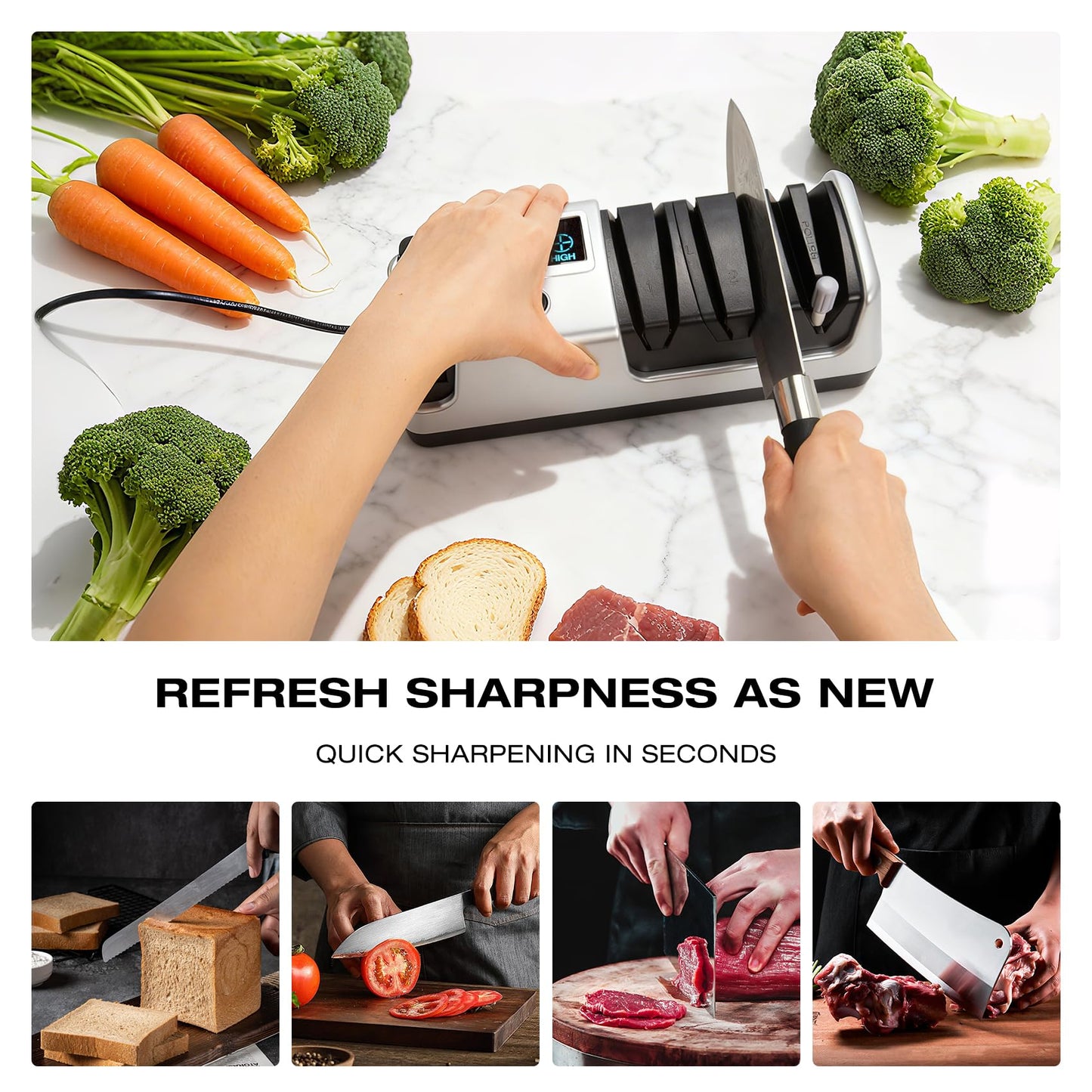 Ceelpeopar Silver Professional 3-Stage Electric Knife Sharpener for Kitchen Knives, LCD Screen, 100% Diamond Abrasive, Adjustable Rotational Speed, Precision Angle Guides for All Kitchen Knives