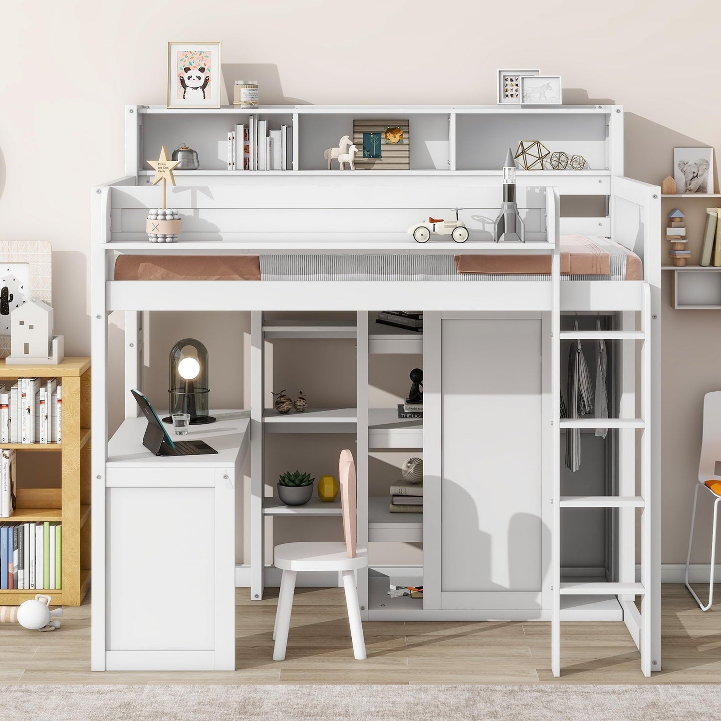 Ball & Cast Twin Size Loft Bed with Big Storage Under-Bed Desk & Staircase,Wooden Bedframe W/Integrated Wardrobe,Drawers & Shelves,Space-Saving,Modern Furniture for Boy Girl Teens Small Bedroom,Gray