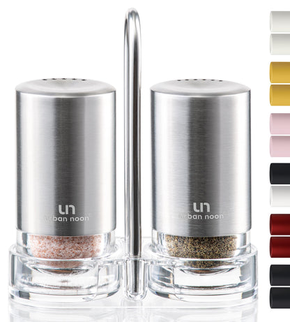 Salt and Pepper Shakers with Holder - Elegant Stainless Steel Salt Shaker and Pepper Shaker Set with Acrylic Holder for Kitchen Counter or Restaurant Table
