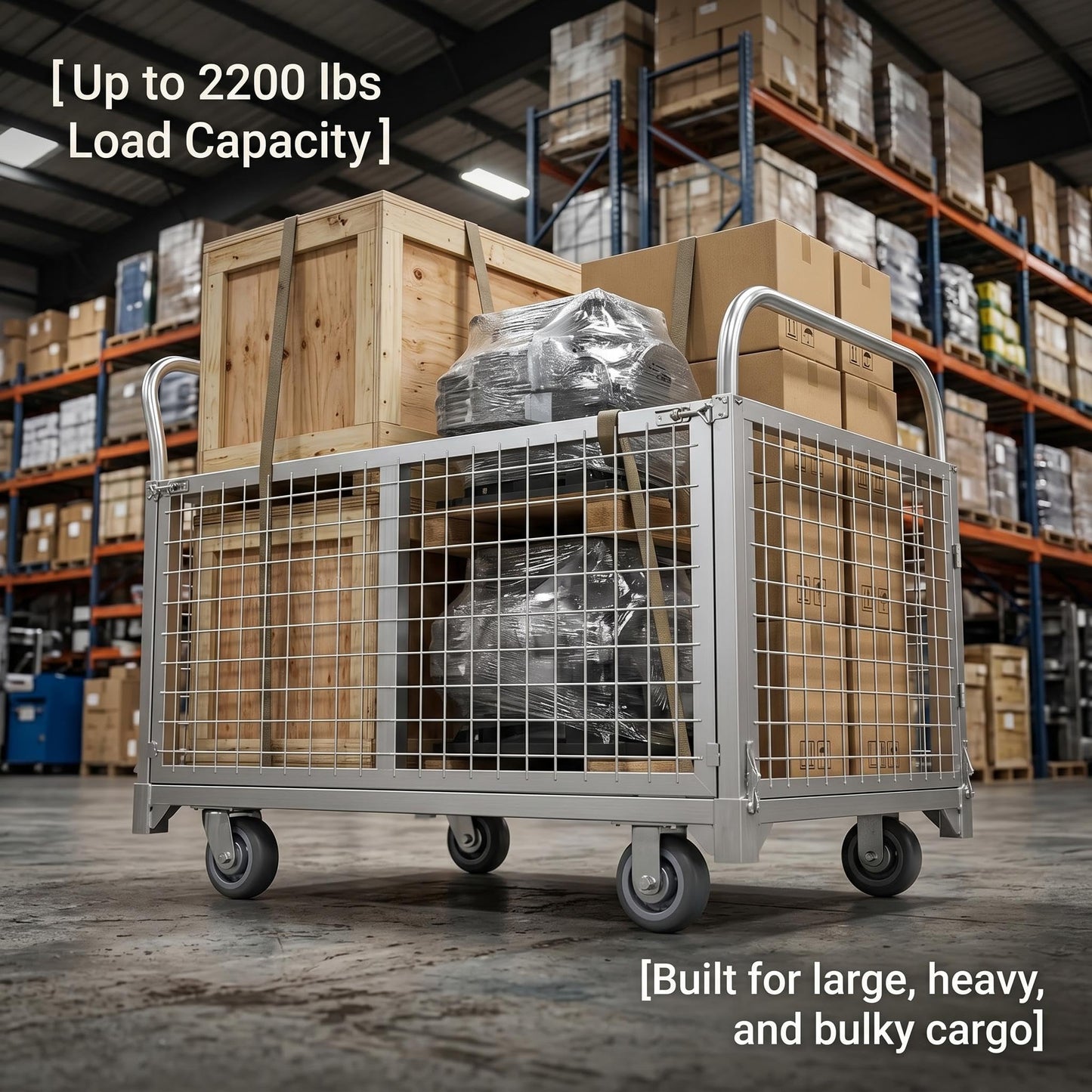 4-in-1 Platform Truck Cart with Cage, Heavy Duty Foldable Flatbed Push Cart with Swivel Casters, 2200 LBS Steel Load Capacity for Warehouse Commercial Industrial Cargo Storage & Transport