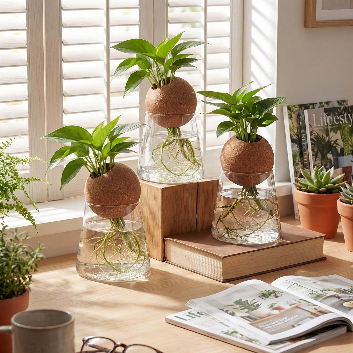 Baderke 3 Pcs 3.15 Inches Glass Plant Propagation Stations with Spherical Lid Glass Jars Plant Propagation Vases Hydroponic Spherical Cork Planter for Indoor Home Office Desktop Decor(Conical)