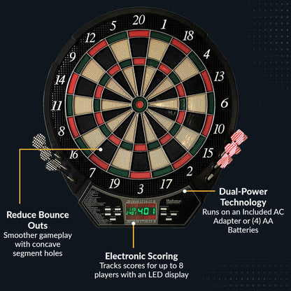 Hathaway Outlaw Electronic Dart Board Cabinet Set - 81-in Electric Dart Board with Cabinet - Professional Dart Board with 6 Soft Tip Electronic Darts, AC Adapter, and Dart Scoreboard - Cherry Finish