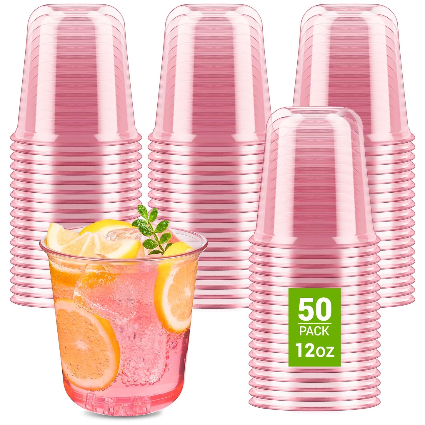 Soelomu 12 oz Pink Plastic Cups, 50 Pcs Disposable Stemless Wine Glasses Cocktail Party Cups for Mother's Day Wedding Birthday Meeting Gathering