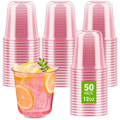 Soelomu 12 oz Pink Plastic Cups, 50 Pcs Disposable Stemless Wine Glasses Cocktail Party Cups for Mother's Day Wedding Birthday Meeting Gathering