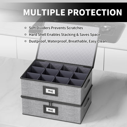 Aokeyee 2-Pack Cup & Mug Storage Box with Dividers, Hard Shell Organizer with Lid, Handles, Zippers & Label Slot, Holds 24 Mugs, Teacups & Glasses, Stackable Containerfor Moving & Protection, Grey