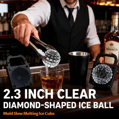 Clear Ice Cube Maker Tray – 2.3 Inch Large Diamond Ice Ball Mold, Stainless Steel & Silicone, Slow Melting Transparent Ice for Whiskey, Cocktails, and Home Bar Use