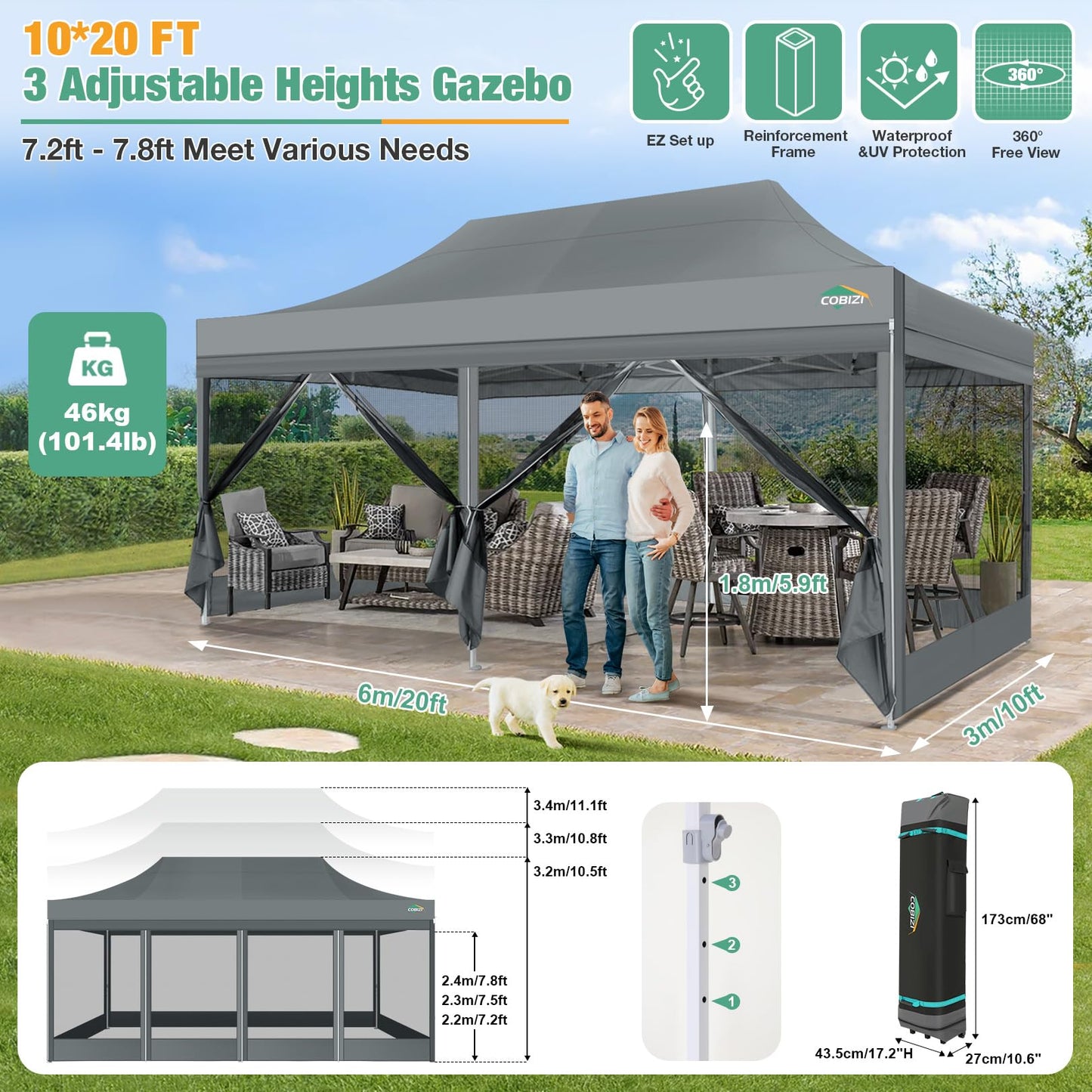 COBIZI 10x20 Canopy Tent, Heavy Duty Pop up Canopy with Sidewalls, Waterproof Easy Setup Canopy with Mosquito Netting, Outdoor Instant Screen Tents for Parties, Wedding with Roller Bag, Gray