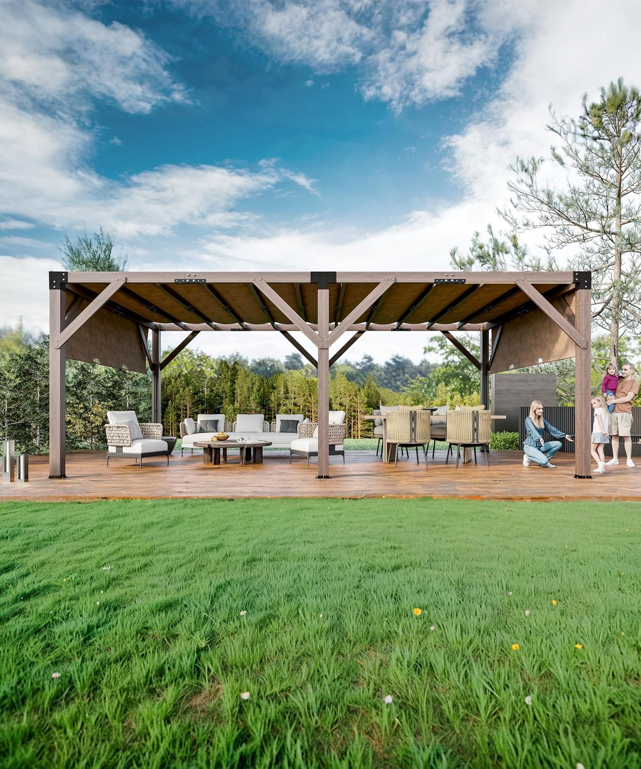 PeakPursuit Durable Cedar Wood Pergola with Retractable Canopy – 12 x 20 ft Sturdy Outdoor Patio Structure, Rot-Resistant, Modern Reddish-Brown Finish – Perfect for Backyard, Deck, Garden – Brown