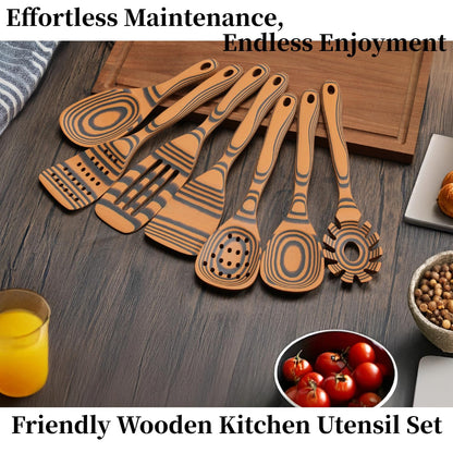 Dishwasher Safe & Heat Resistant Handcraft wood utensils set for cooking | 7-Piece Sturdy Wooden Kitchen Utensil Set for Nonstick Cookware | Wooden Cooking Spoon Set | Maintenance Free | Yellow Ochre