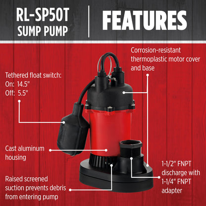 Red Lion RL-SP50T 115-Volt, 1/2 HP, 3600 GPH Aluminum and Thermoplastic Sump Pump with Tethered Switch and 8-Ft. Cord, Red, 14942742