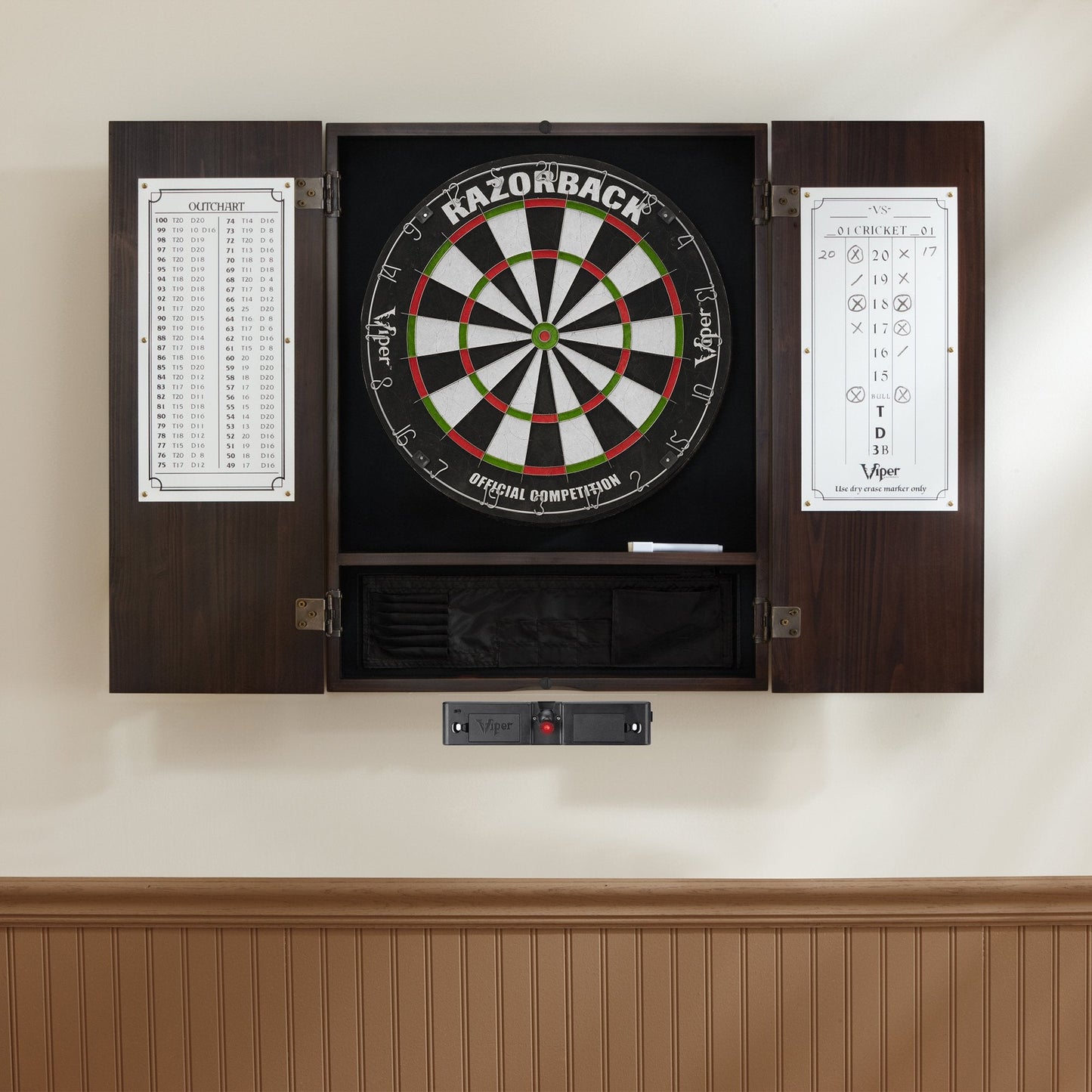 Viper Metropolitan Solid Wood Cabinet & Sisal/Bristle Dartboard Play-Ready Bundle: Elite Set (Razorback Dartboard, Darts and Laser Throw Line), Espresso Finish