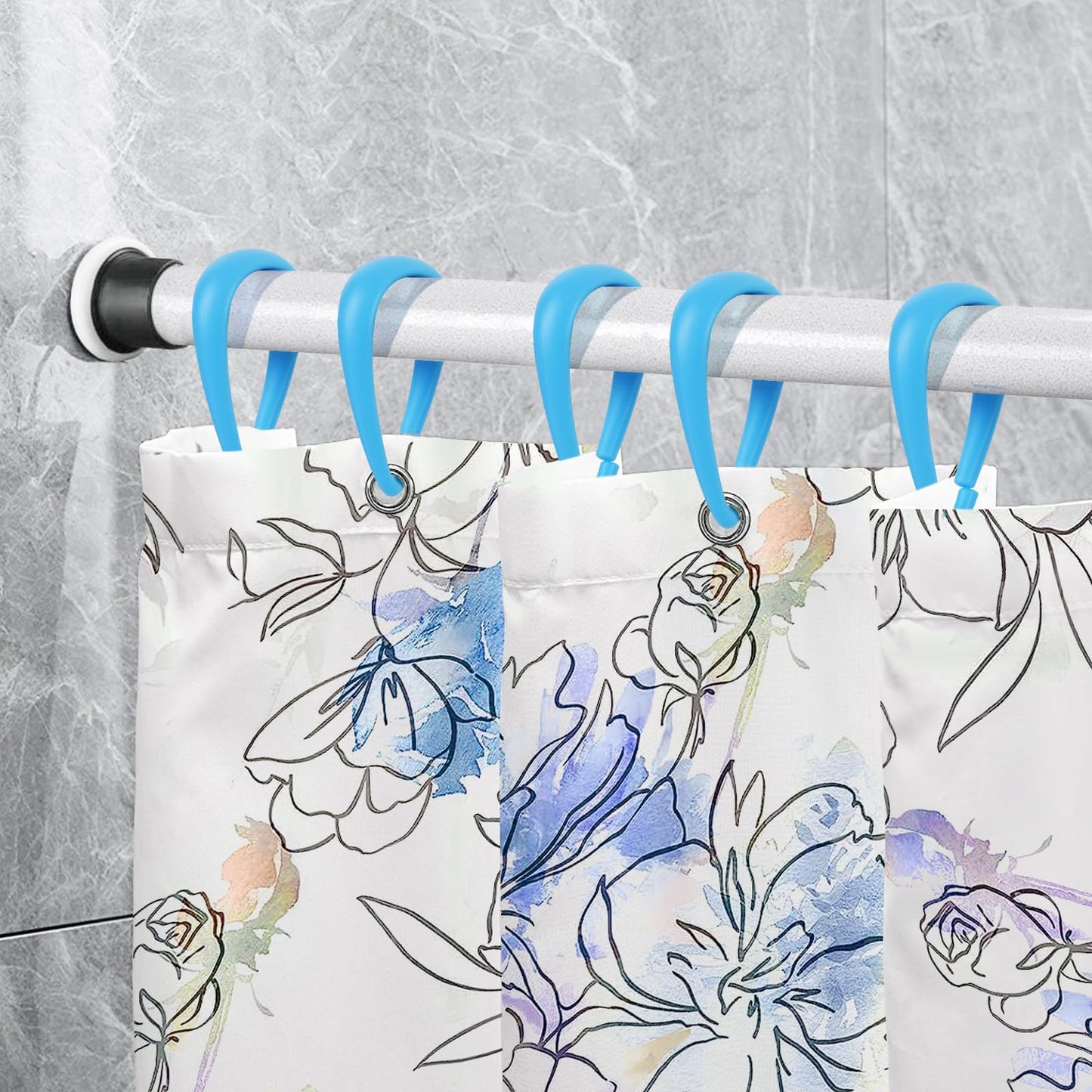 Top-spring Light Blue Plastic Shower Curtain Hooks Rings - 12 Pcs Drop Shaped Sky Blue Shower Hooks for Curtain Bathroom Shower Rod