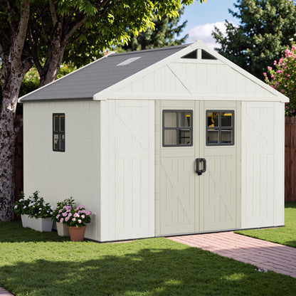 Greesum 10×8FT Plastic Outdoor Storage Shed with Floor and Lockable Door, Resin Sheds with Windows and Skylights, Organization for Garden, Backyard, Pool Supplies, Beige