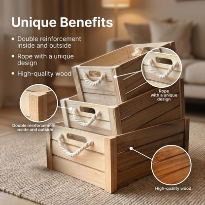Set of 3 Rustic Nested Wooden Crates with Rope Handles - Decorative Farmhouse Storage Boxes for Kitchen, Living Room & Bathroom - Modern Wood Grain Home Organization