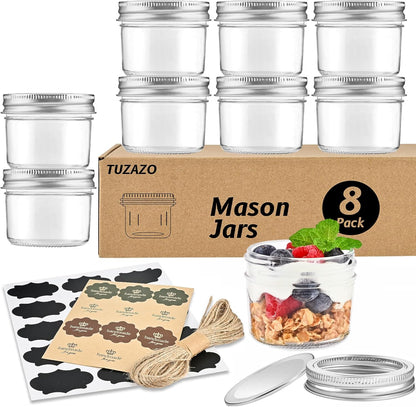 TUZAZO Small Mason Jars 8 Pack, 4 oz Mini Glass Canning Jars with Lids and Labels for Jelly, Spice, Honey Storage
