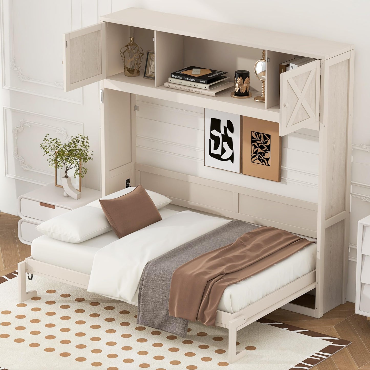 Ball & Cast Full Size Murphy Bed with Storage Cabinet,Wood Hideaway Beds,Folded Wall Bedframe for Bedroom,Guestroom,Space Saving,White