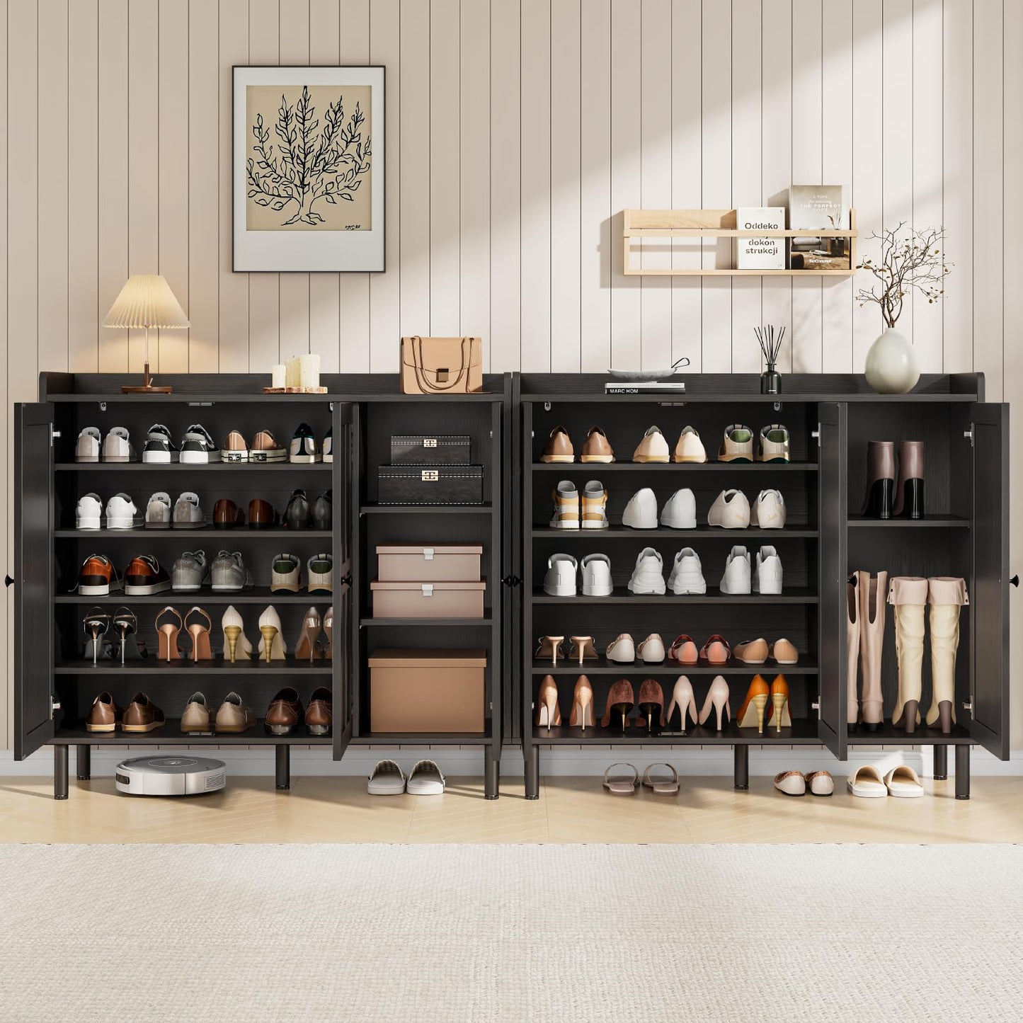 ONBRILL Shoe Cabinet with 3 Doors and Adjustable Shelves, 30 Pairs Shoe Storage Cabinet, 40 Inch Tall Farmhouse Shoe Rack Shoe Organizer Cabinet for Entryway Living Room Closet, Black