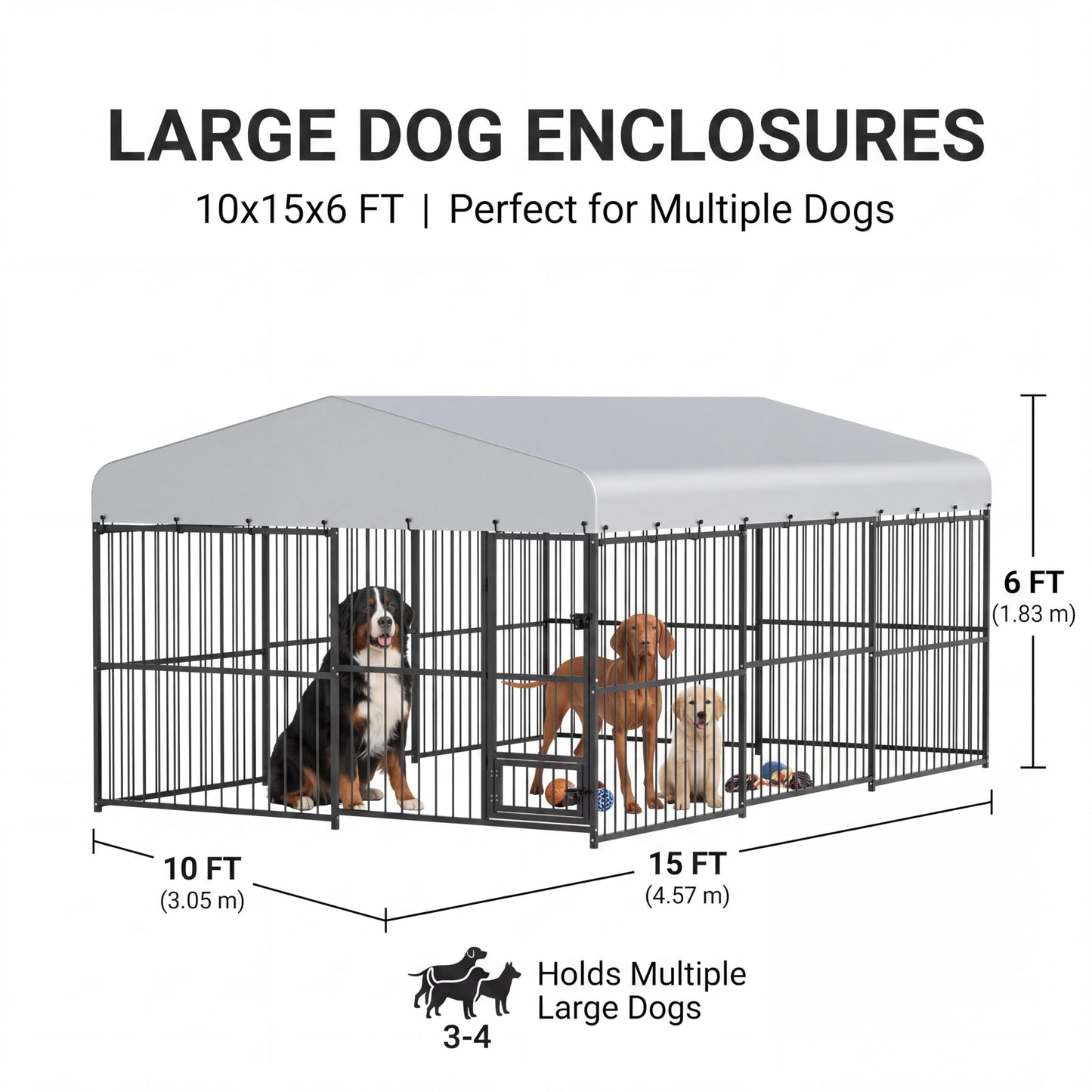 10x15 ft Outdoor Dog Kennel Heavy Duty Metal Dog Run Enclosure with Waterproof Cover & Feeding Door, Large Dog Kennel Outdoor with Lockable Gate for Backyard, Garden, Chicken Coop Run