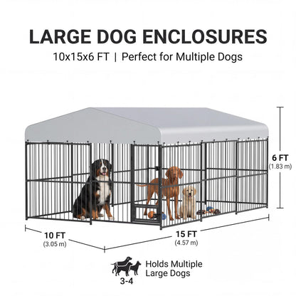 10x15 ft Outdoor Dog Kennel Heavy Duty Metal Dog Run Enclosure with Waterproof Cover & Feeding Door, Large Dog Kennel Outdoor with Lockable Gate for Backyard, Garden, Chicken Coop Run