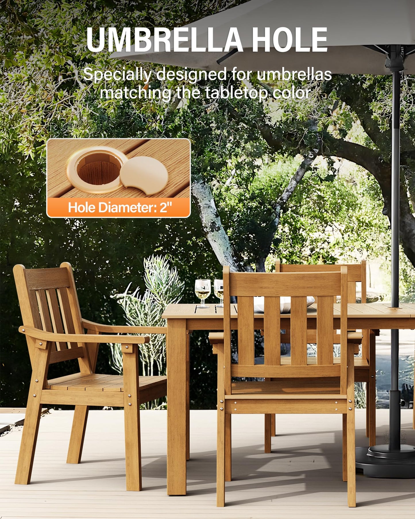 YEFU HIPS Patio Table Set: 7 Piece Outdoor Table and Chairs Dining Furniture Set with Umbrella Hole - Teak Modern Plastic Dining Sets 6 Person for Outside Deck with Metal Aluminum Frame