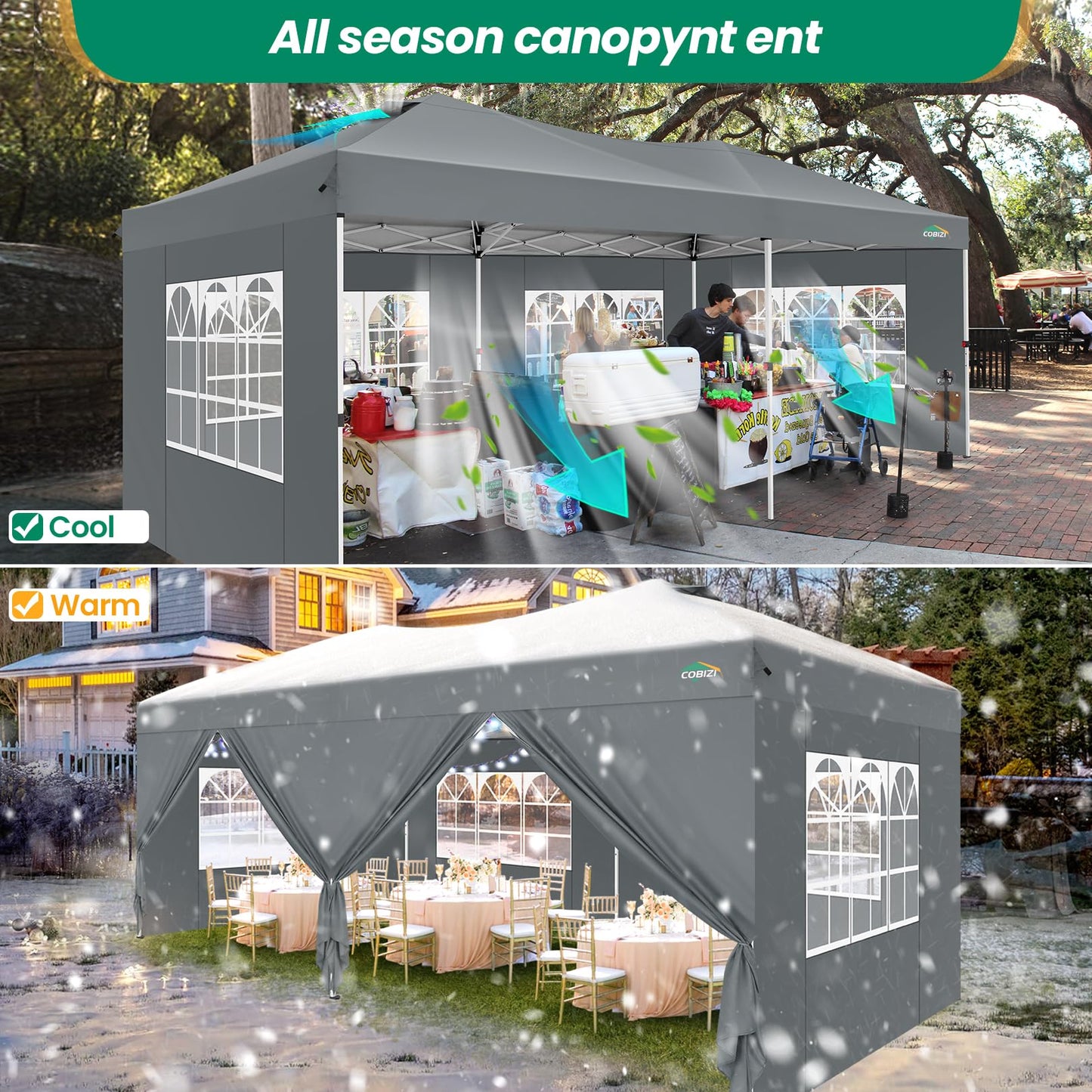 COBIZI Canopy 10x20 Pop Up Canopy Tent with 6 Sidewalls, One Push Party Tents for Parties Outdoor Wedding Waterproof Gazebo Commercial Event Tent with Sandbags, Grey