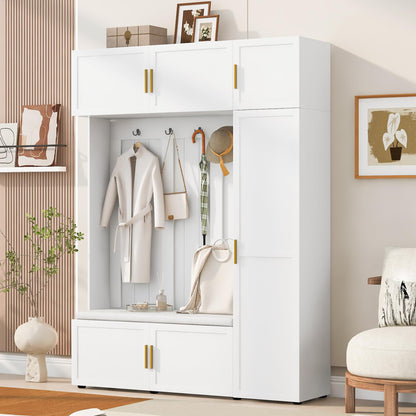 Merax 4-in-1 Hall Tree with Padded Bench, Coat Hooks, and Multi-Tier Storage Shelves – American Style Entryway Organizer for Shoes, Bags, Hats, and Daily Essentials, White