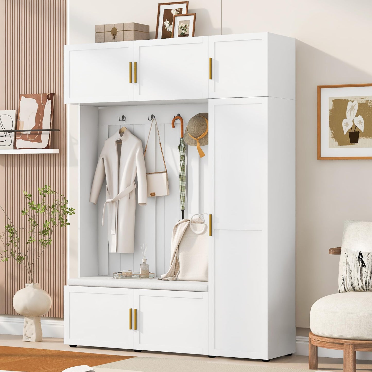 Amposei Modern Hall Tree with Shoe Storage Bench & Coat Rack, 79.72''H Tall Entryway Cabinet Organizer with 6 Doors, 4 Hooks & Padded Seat for Hallway Mudroom Living Room, White