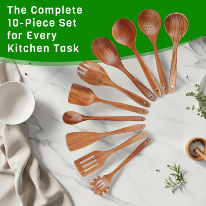 10 Piece Teak Wooden Spoons For Cooking, Wooden Kitchen Utensil Set, Organic Non Toxic Cooking Utensils, Large Serving Spoons