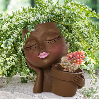 Rivonthex Face Planter Pot with Dual Compartments, Resin Lady Head Planter with Drainage Holes, 6.3 x 4.3 x 6.7 in, Two Openings 3.2 in and 2.4 in, for Succulents Indoor Outdoor, Brown