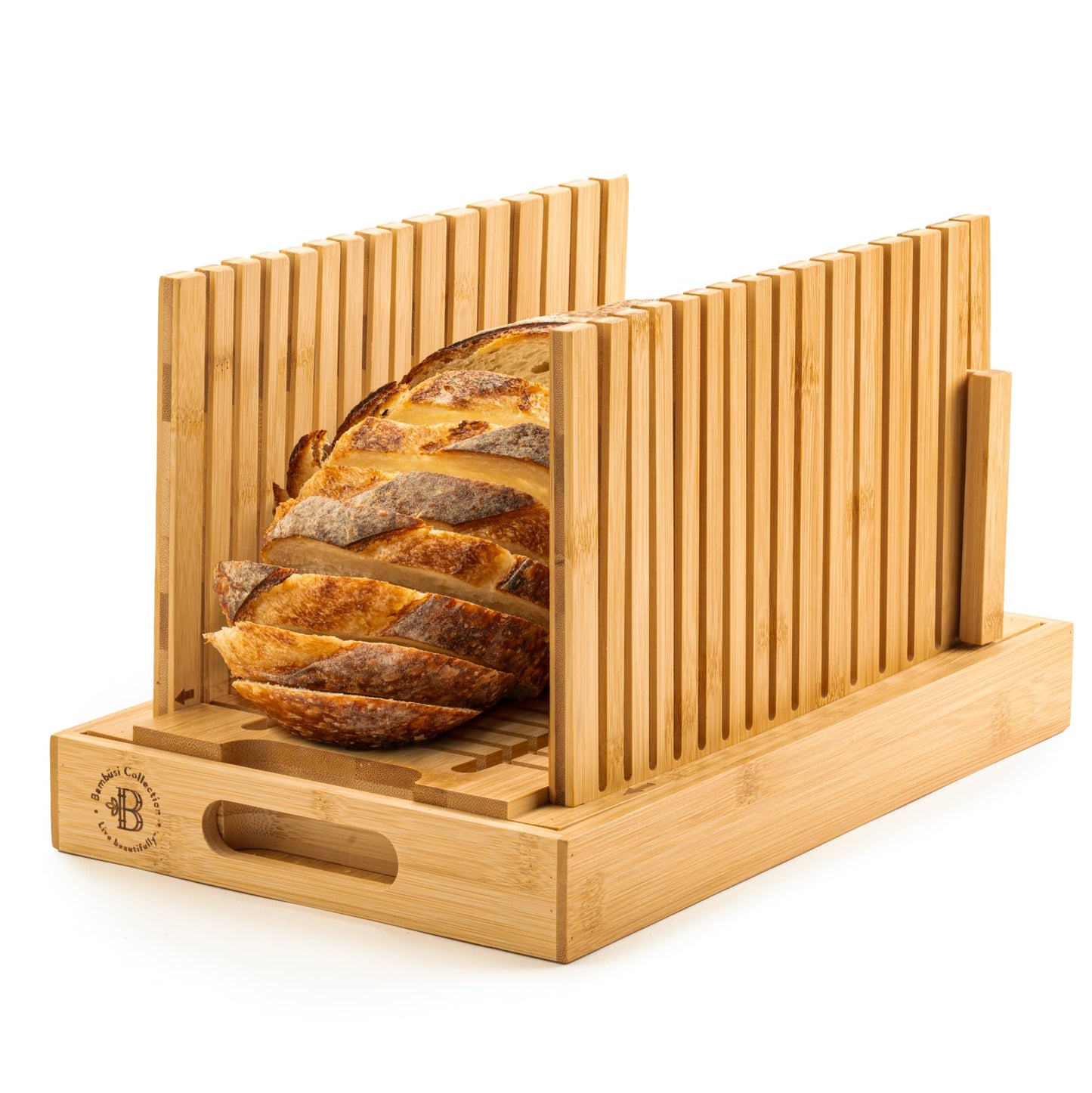 Bread Slicer for Homemade Bread - Bambüsi Upgraded Adjustable Bamboo Bread Cutter Board, Foldable Slicing Guide with Crumb Tray for Sourdough, Artisan Loaves, Bagels, Cakes, Bakery Kitchen Gadget Gift