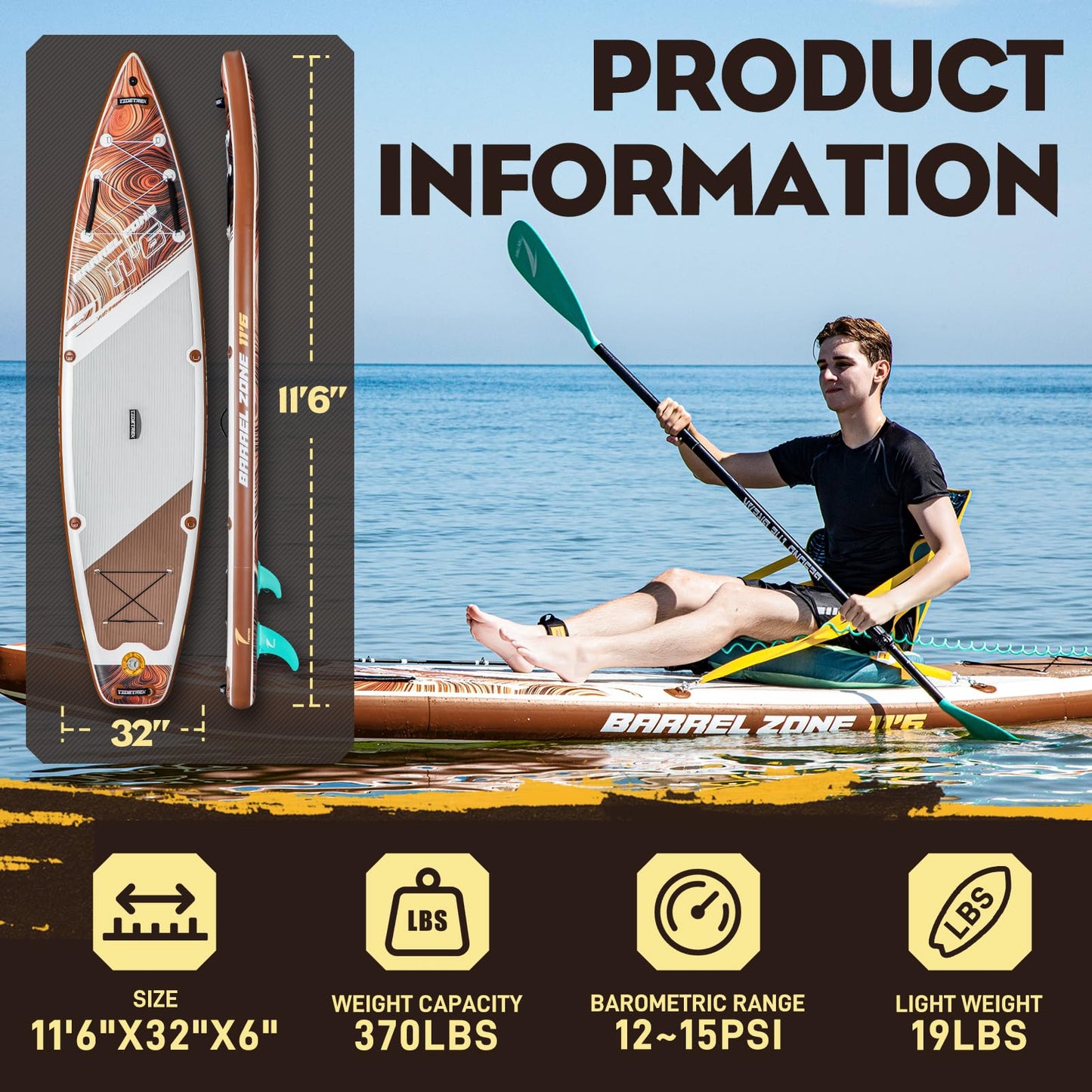 TIDETREK 11'6" Inflatable Stand Up Paddle Boards, Premium SUP Accessories, Non-Slip Comfort Deck for Youth & Adults (Amber Drift/Kayak Seat)