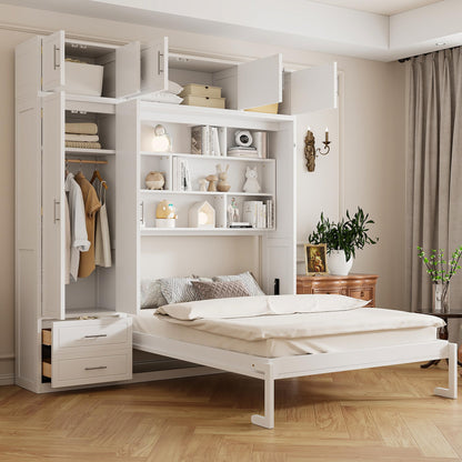DNYN Murphy Bed Frame with Top Cabinets and Wardrobe for Bedroom/Guest Room/Home Office, Queen Size Foldable Wall Bed with Storage Drawers and Shelves, No Box Spring Needed