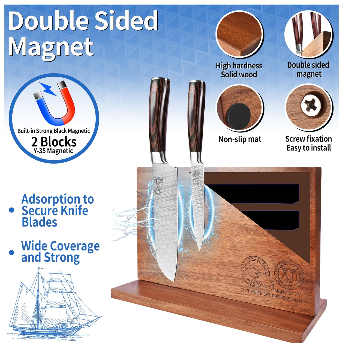 XYJ Authentic Since 1986, Magnetic Knife Block, Double Side Kitchen Knife Stand, Acacia Wood, Magnetic Knife Holder with Strong Enhanced Magnets,Knives Storage Rack Stand for Home Kitchen