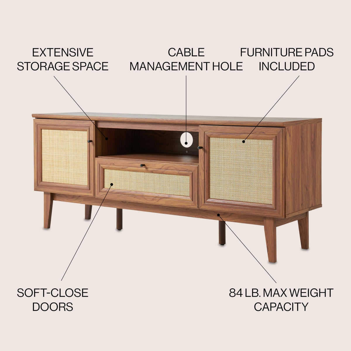 JONATHAN Y Finley 59" Mid-Century Walnut Rattan TV Stand for TVs up to 65 Inch, Wood Media Console with Woven Cane Soft-Close Doors and Drawer, Bohemian Entertainment Center for Living Room TVS1002B