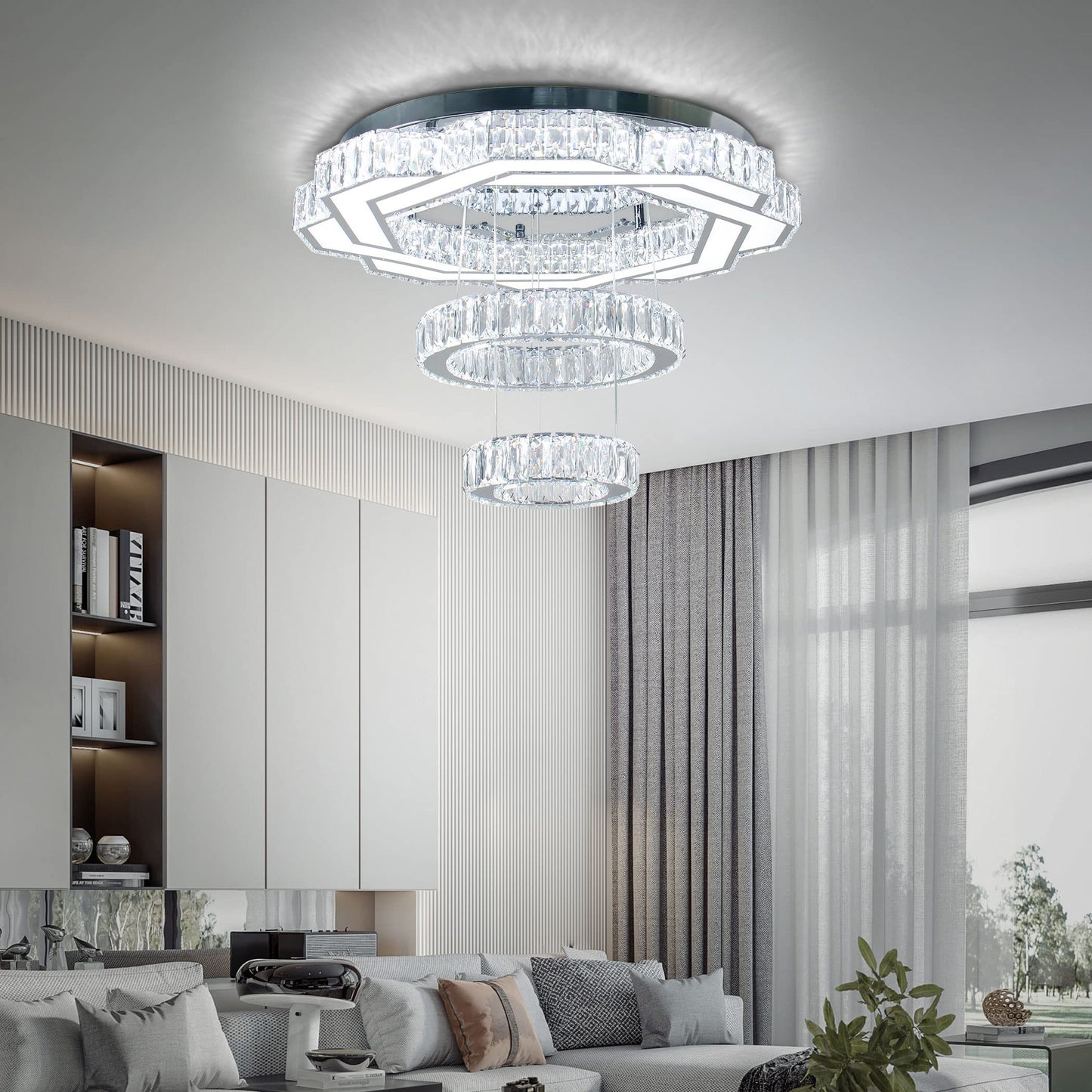 xychfantligh 22.5" Crystal Chandeliers Living Room Modern Chandelier Crystal Ceiling Light LED 2 Rings Pendant Light Flush Mount Chandelier for Bedroom Dining Room Entryway (Cool White)