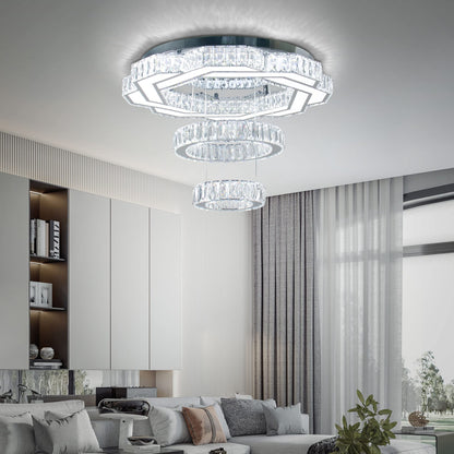 xychfantligh 22.5" Crystal Chandeliers Living Room Modern Chandelier Crystal Ceiling Light LED 2 Rings Pendant Light Flush Mount Chandelier for Bedroom Dining Room Entryway (Cool White)