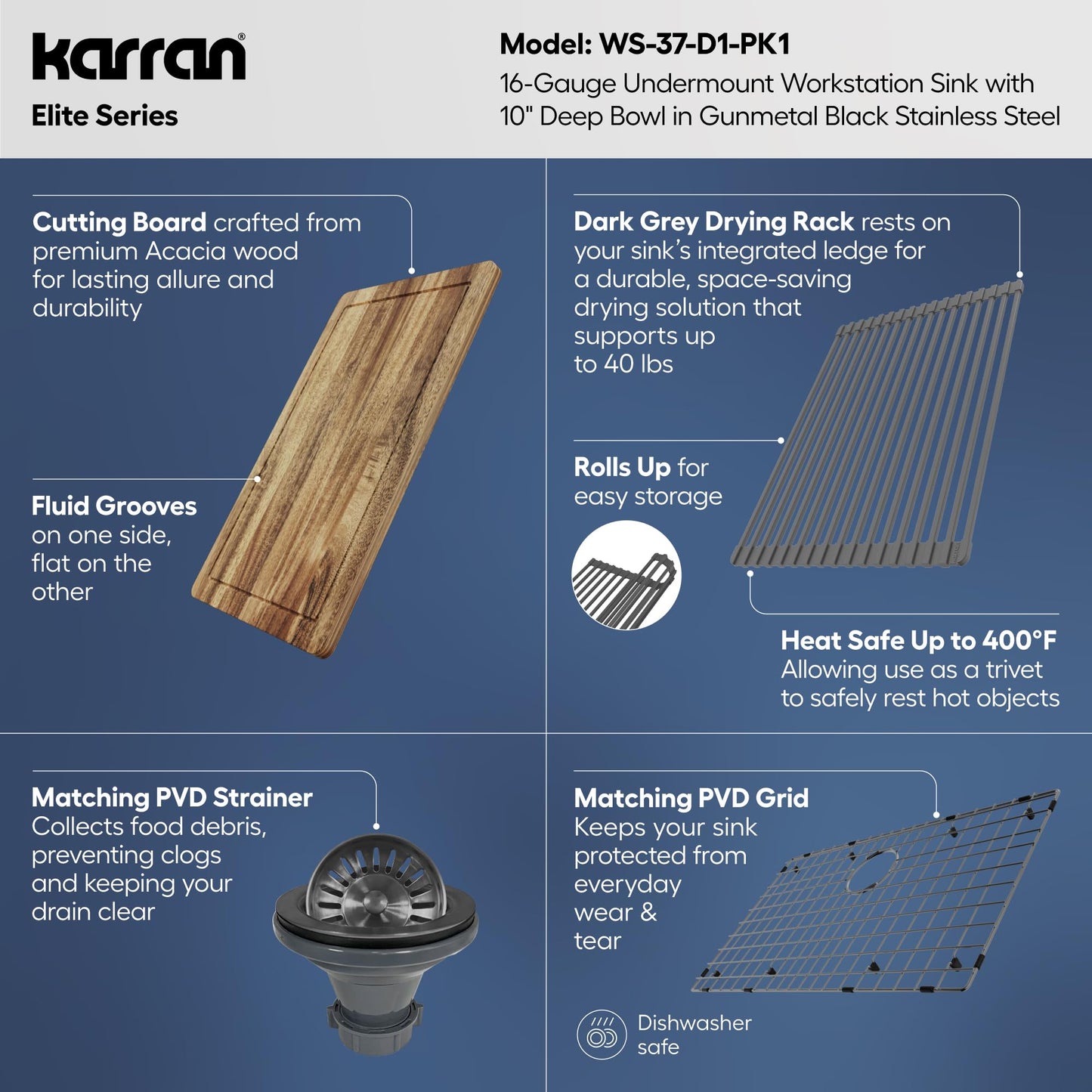 Karran Elite 32 Inch Gunmetal Black Workstation Kitchen Sink, 16 Gauge Nano PVD Stainless Steel Undermount Sink, Deep Single Bowl with Grid, Cutting Board, Drying Mat & Strainer