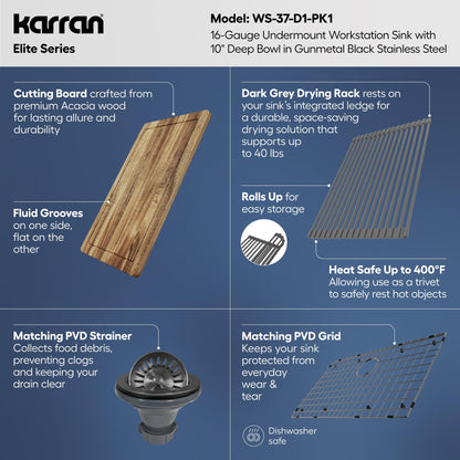 Karran Elite 32 Inch Gunmetal Black Workstation Kitchen Sink, 16 Gauge Nano PVD Stainless Steel Undermount Sink, Deep Single Bowl with Grid, Cutting Board, Drying Mat & Strainer