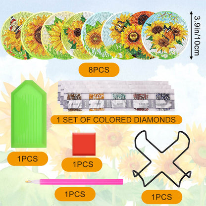 UPINS 8Pcs Sunflower Diamond Art Painting Coasters for Drinks DIY Coaster Diamond Art Kits for Adults Diamond Art Craft Supplies (Sunflower)