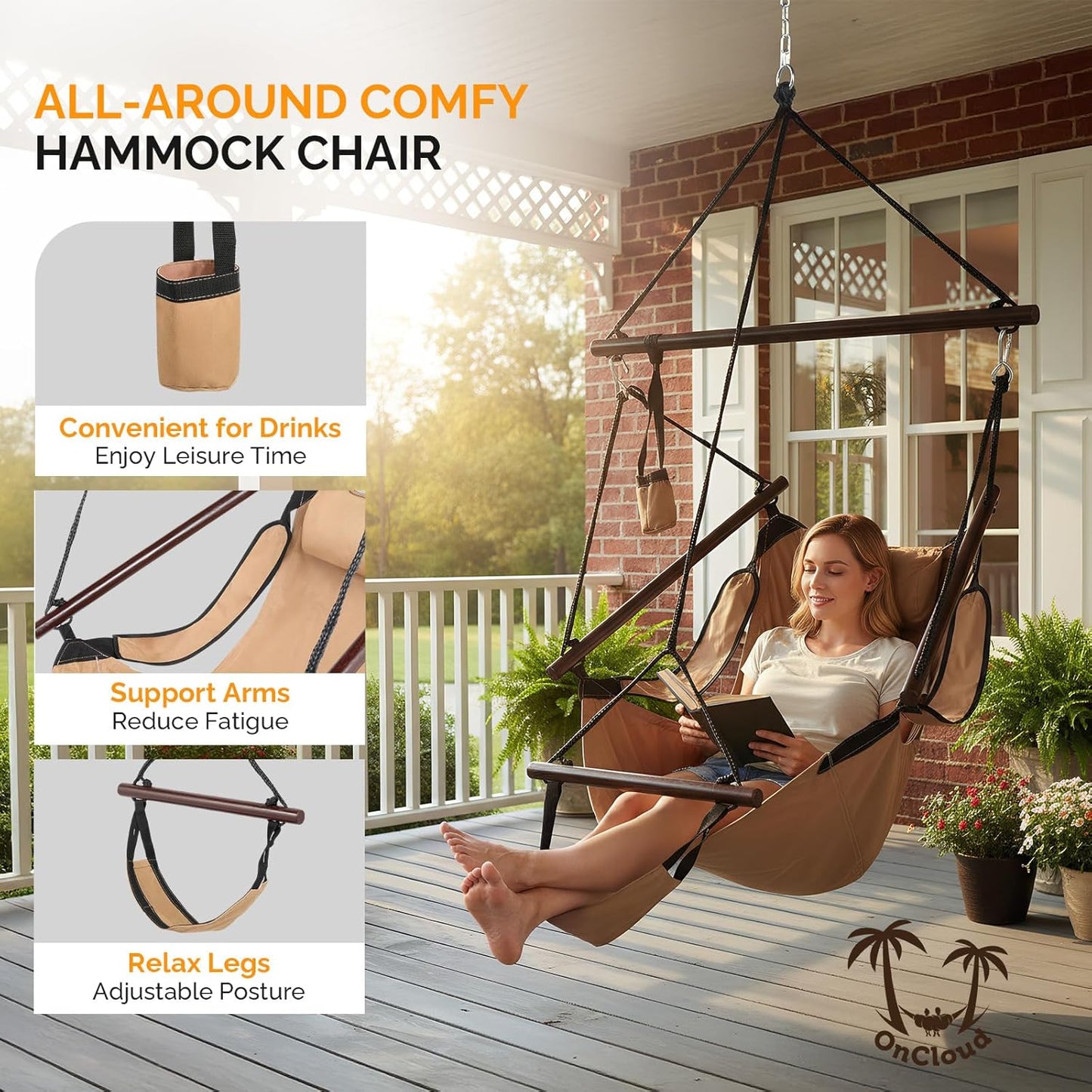 ONCLOUD Hammock Upgraded Unique Hanging Sky Chair, Air Deluxe Swing Seat with Rope (Tan)