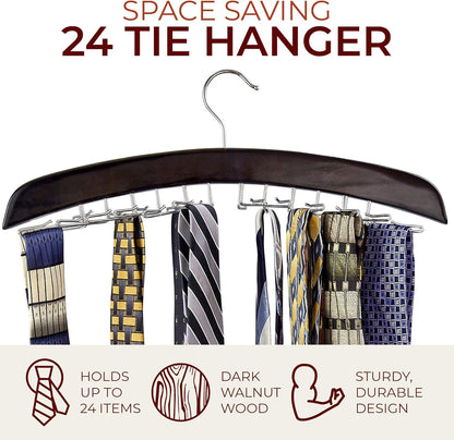 Richards Wooden Tie Rack, Hanging Organizer for Men's Closet Accessories, Holds 24 Ties, Walnut Wood