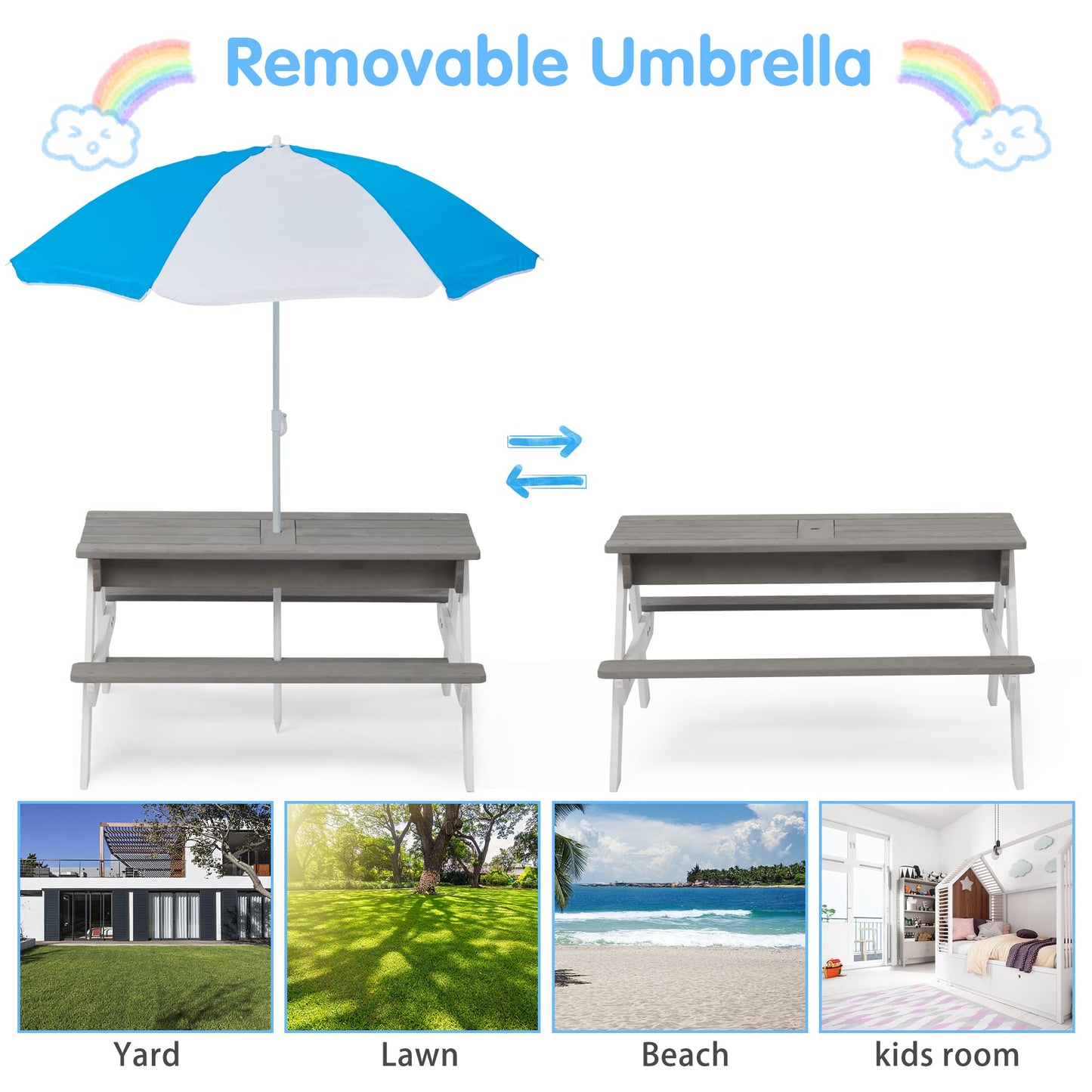 3 in 1 Outdoor Wooden Picnic Table with Umbrella, Convertible Sand Wate, Gray CPSIA Certification