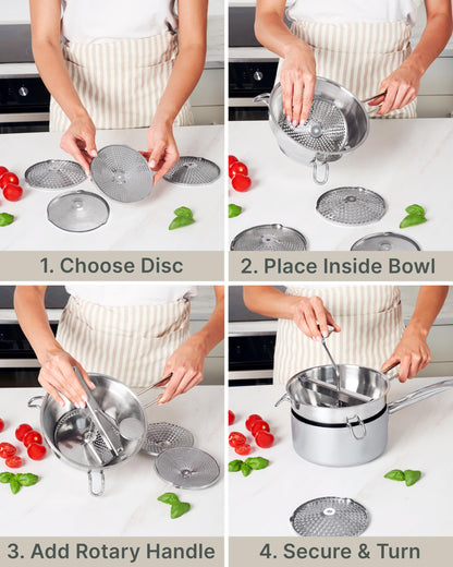 Premium 4-Disc Stainless Steel Food Mill – Ergonomic Rotary Hand Crank for Tomato Sauce, Canning, Applesauce, Baby Food, Mashed Potatoes, Puree & Jams