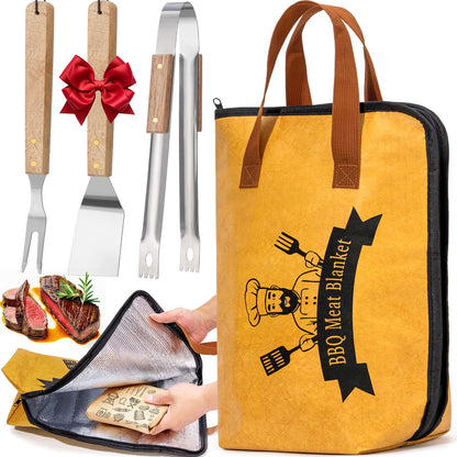 4PCS BBQ Blanket for Resting Meat, Grill Blanket with BBQ Tool Set, 21IN Reusable Smoker Meat Resting Blanket with Wide Mouth for Large Brisket Turkey, Ribs, Steak, Pork Shoulders